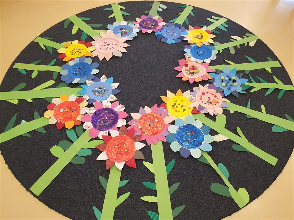 ein Kreis mit einigen aus Papier ausgeschnittenen Blumen